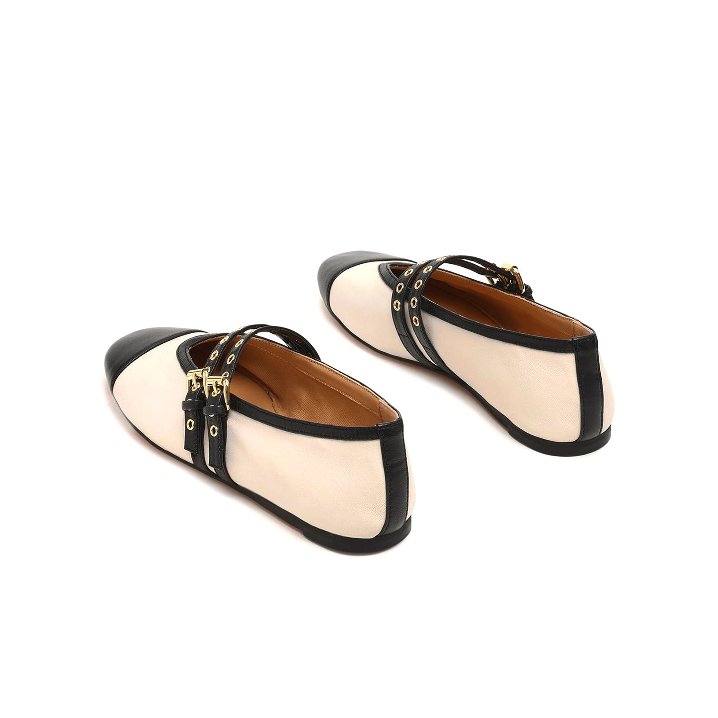 Bone Square-Toe Double Bridge Straps With Eyelets Classic Ballet Flats
