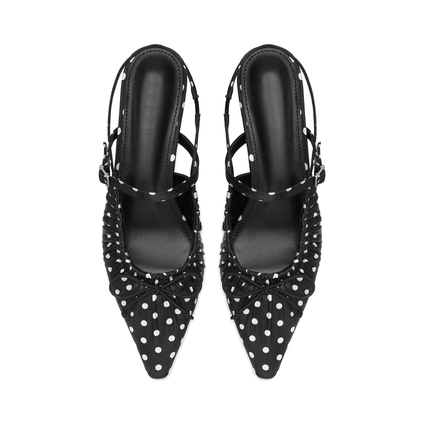 Black Satin White Polka Dot Pointed-Toe Back Strap Kitten Heels