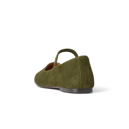 Loden Faux Suede Square-Toe Bridge Strap Slip-On Flats