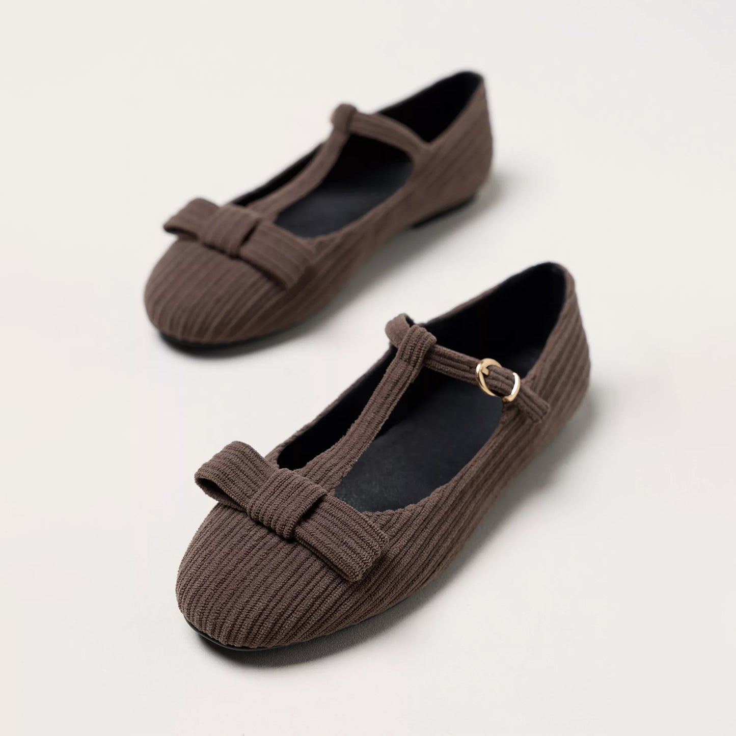Chocolate Striped Flannel Fabric Round-Toe T-Strap Ballet Flats