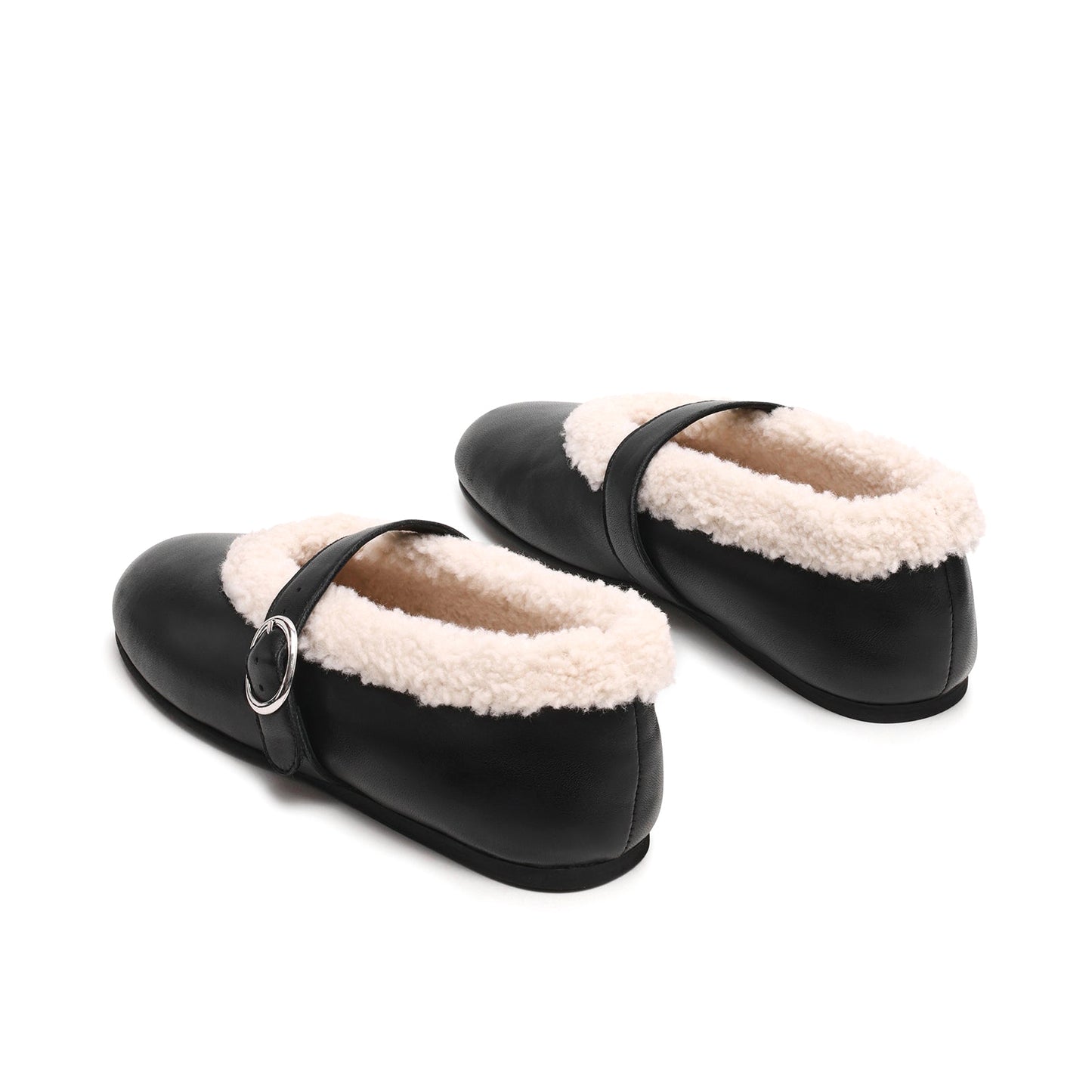 Black Round-Toe Mary Jane Ballet Flats With Plush