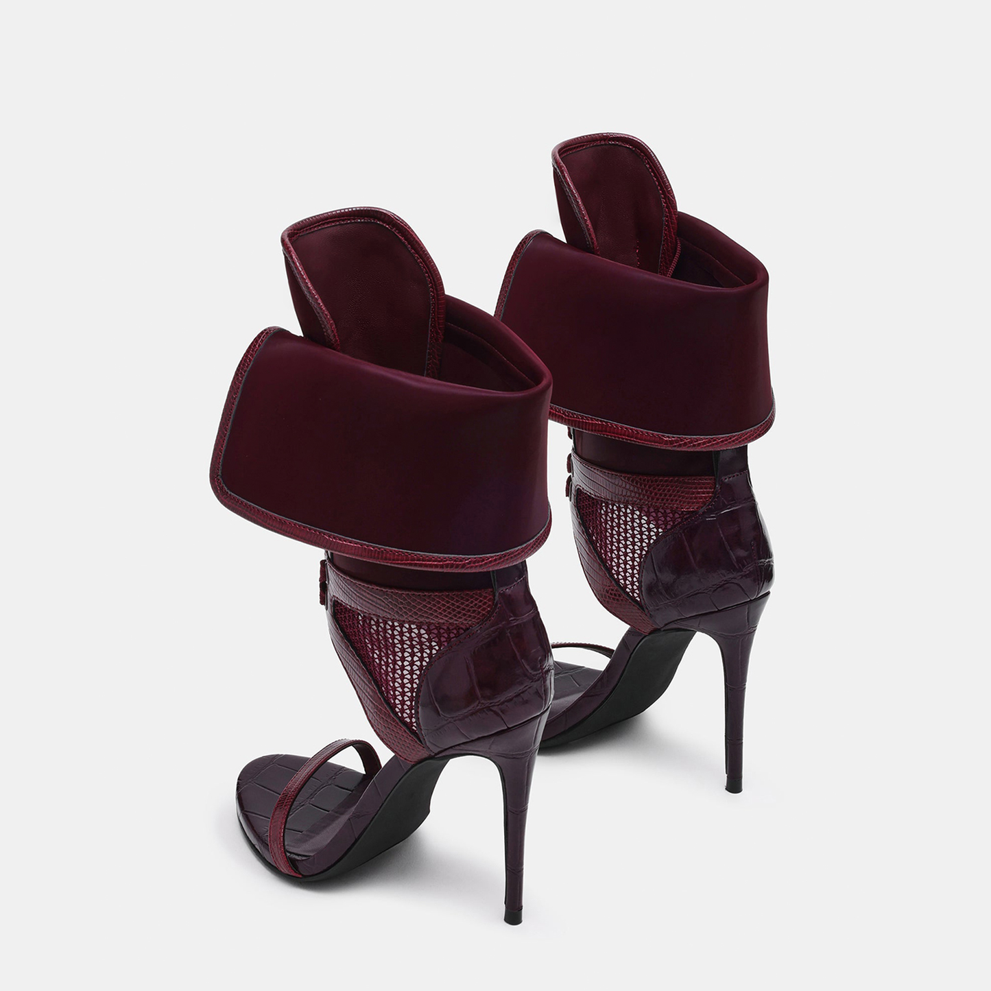 Plum Open Round-Toe Mesh And Lace-Up Shaft Back Design Stiletto High Heels
