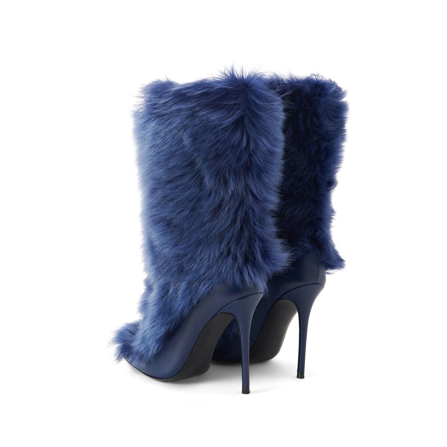 Blue Pointed-Toe Full Plush Mid Calf Stiletto Boots