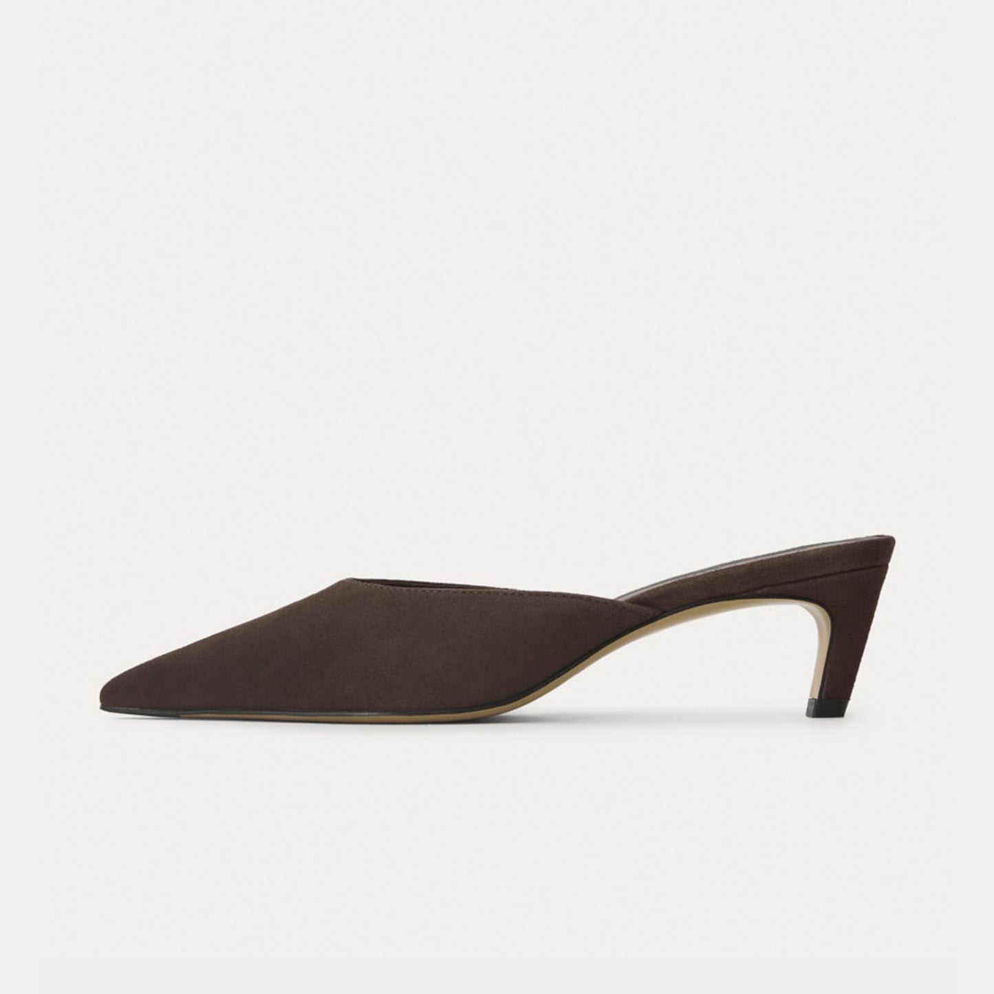 Dark Chocolate Faux Suede Pointed-Toe Slip-On Backless Kitten Heels