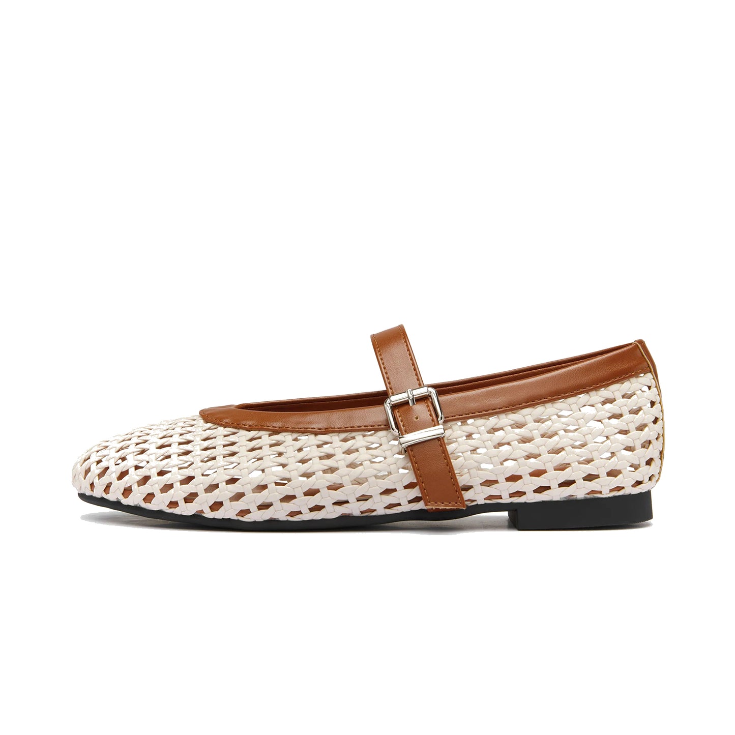 Cream Woven Vegan Leather Round-Toe Buckle Mary Jane Classic Flats