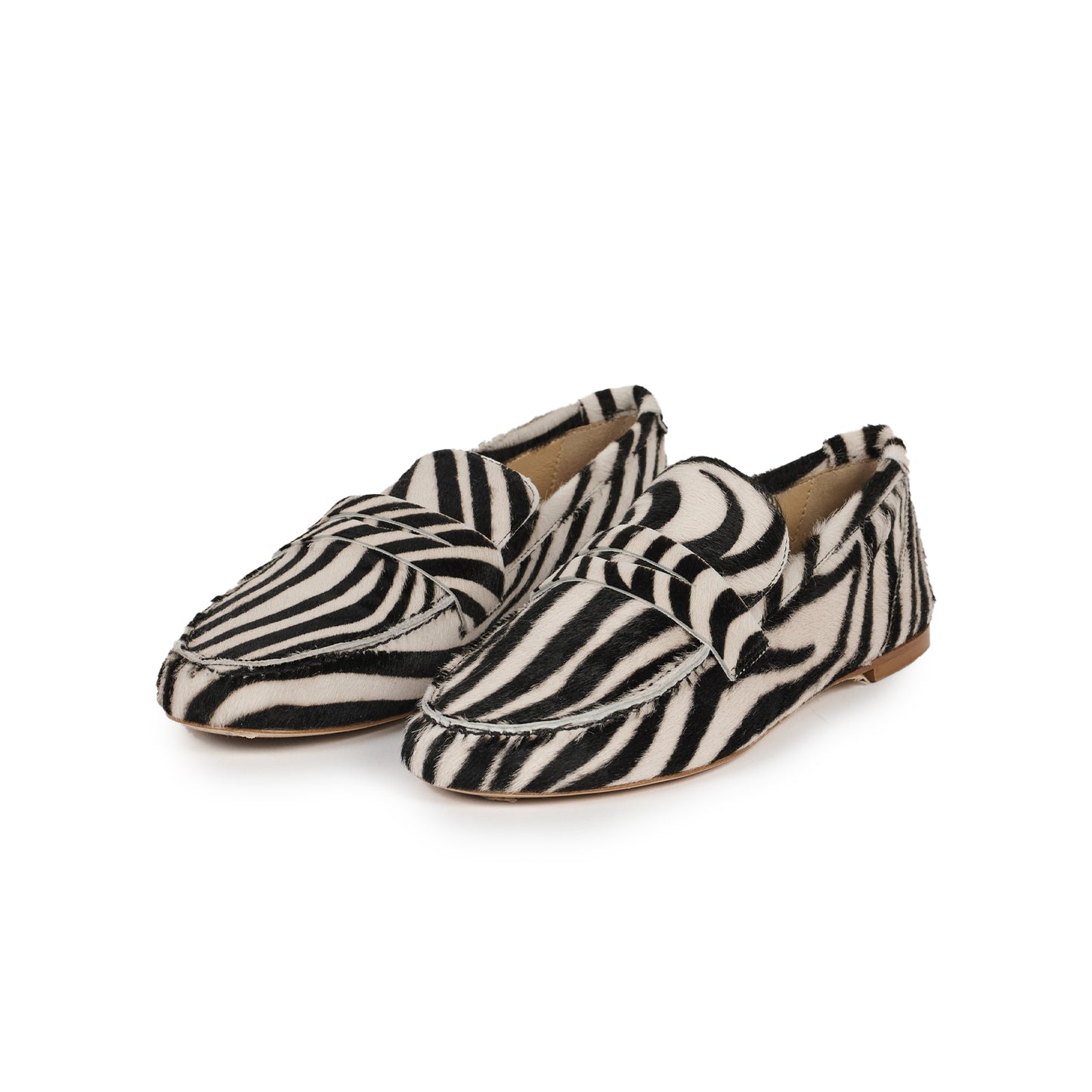 Zebra Print Pony Hair Vegan Leather Round-Toe Slip-On Chic Loafers Flats
