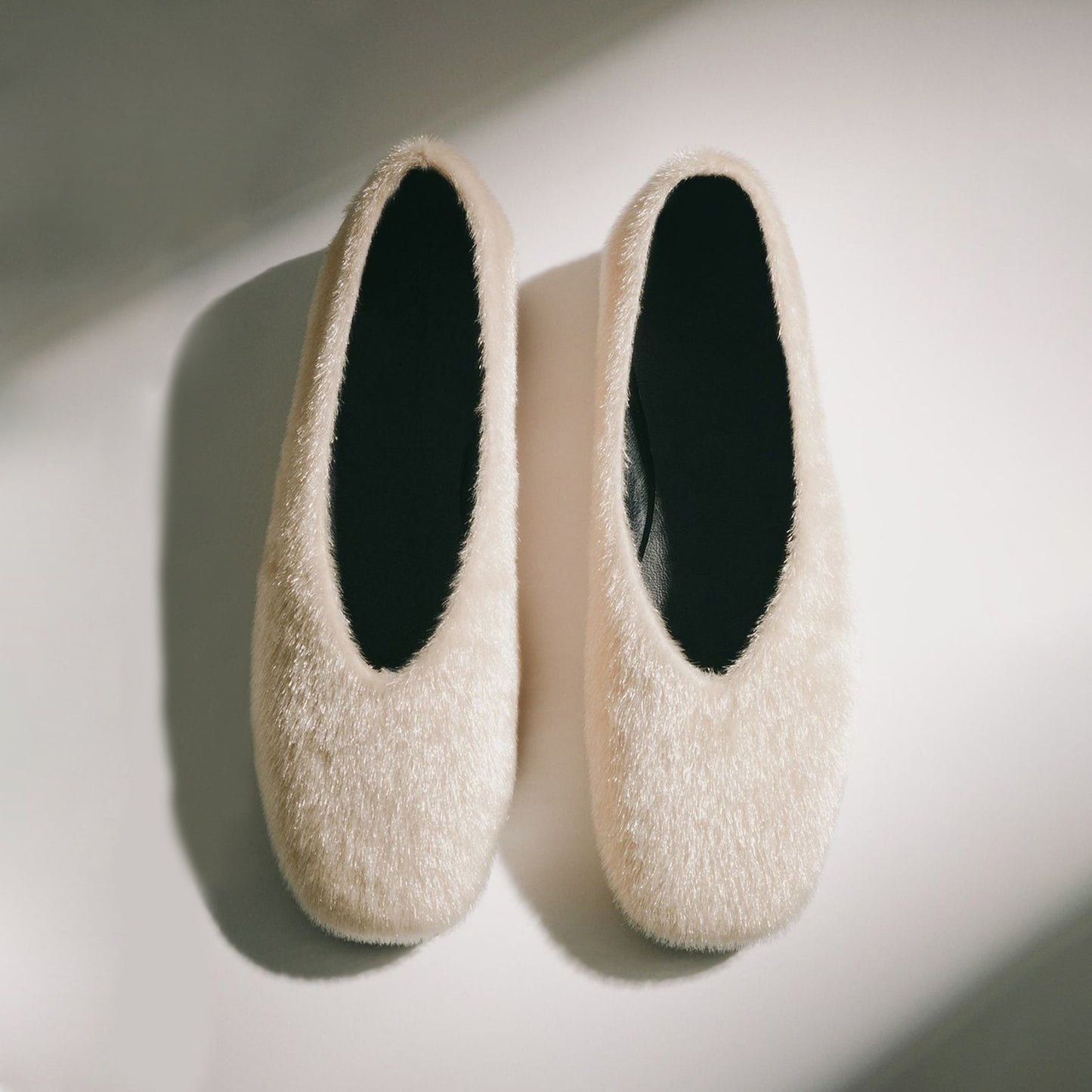 Cream Plush Square-Toe Ballet Classic Flats