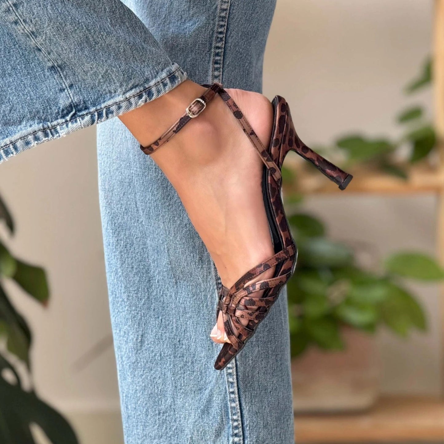 Leopard Satin Pointed-Toe Strappy Back And Ankle Strap High Heels
