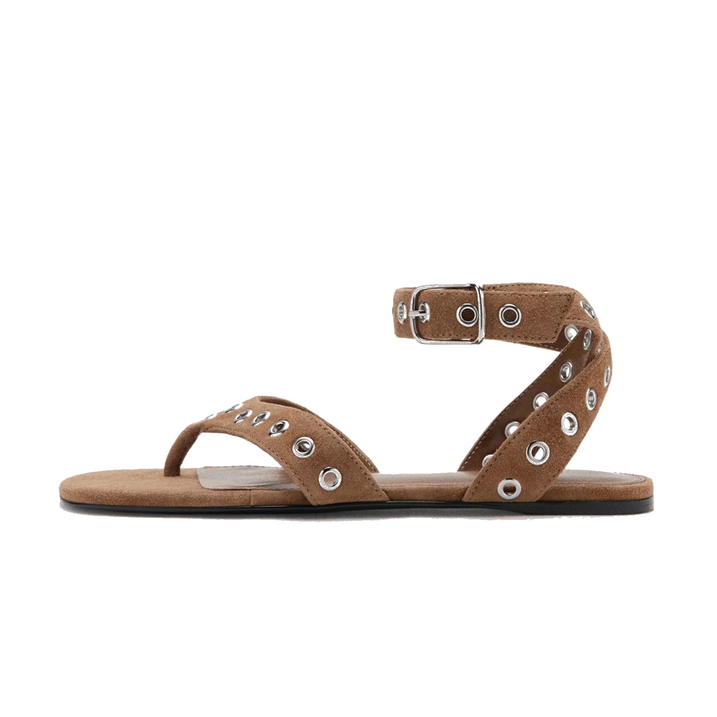 Brown Faux Suede Square-Toe Eyelets Flip-Flop Ankle Strap Flats