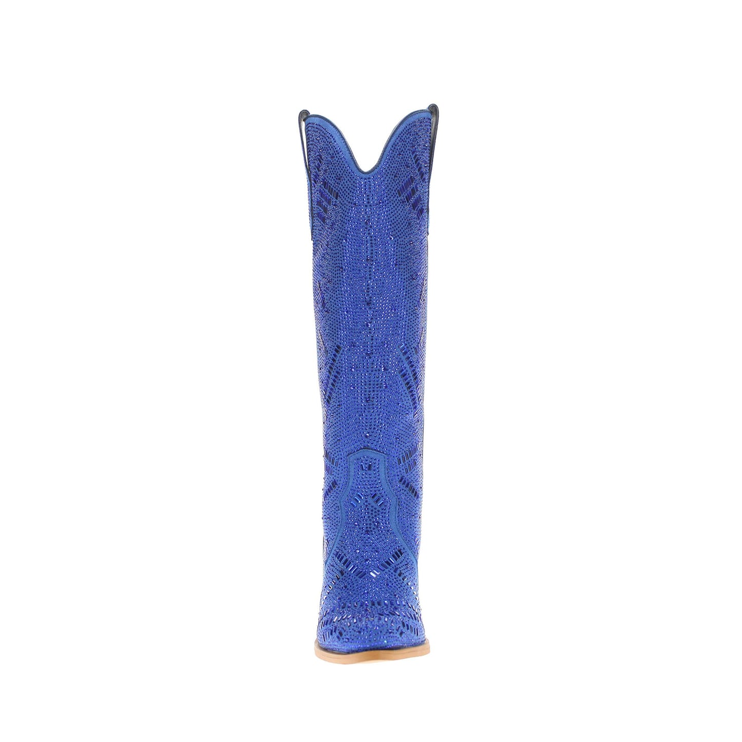 Blue Faux Suede Pointed-Toe Full Crystals Wide Calf Knee High Cowgirl Boots