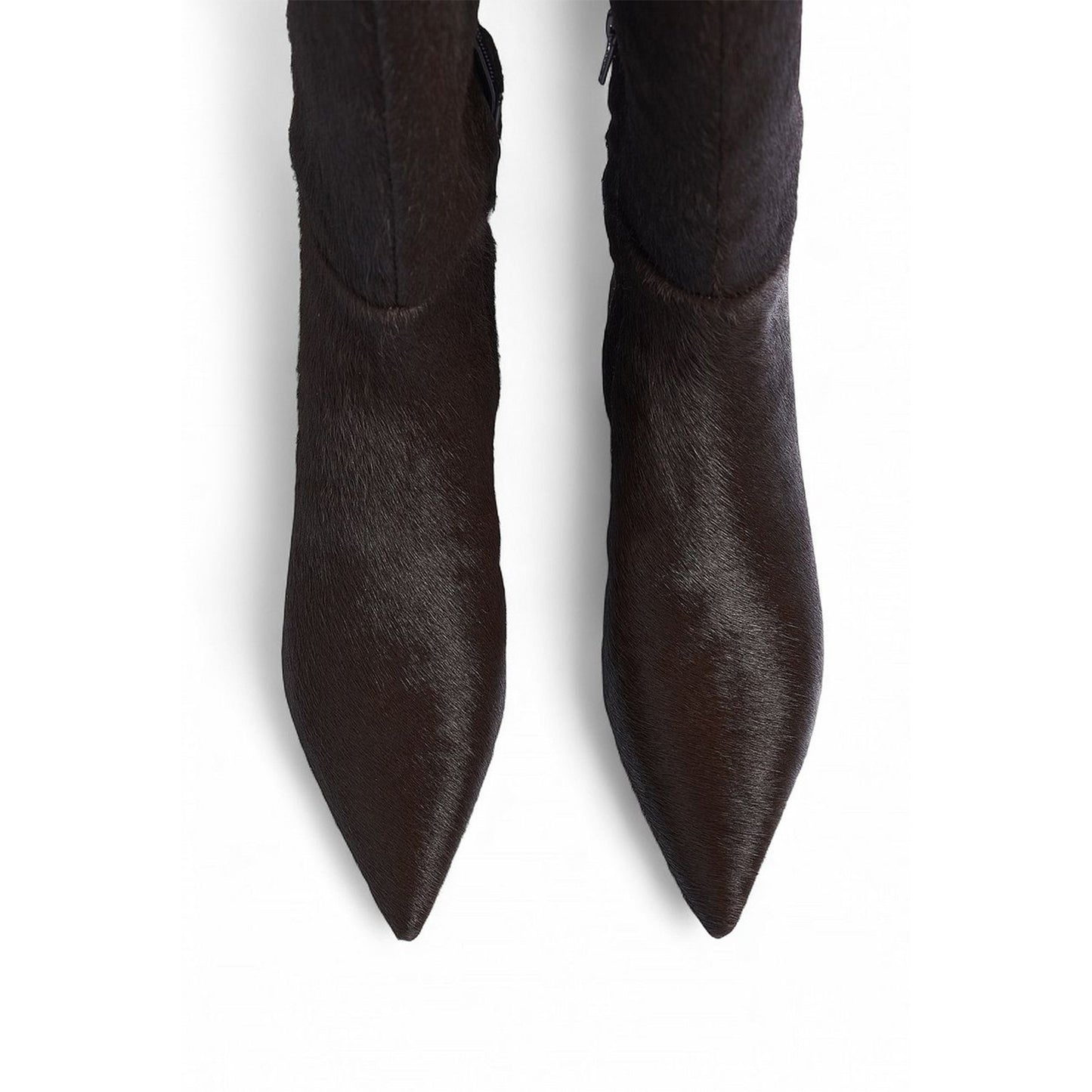 Brown Pony Hair Vegan Leather Pointed-Toe Half-Zip Knee High Stiletto Boots