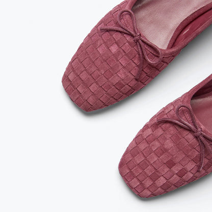 Wine Red Woven Faux Suede Square-Toe Front Bow Ballet Flats