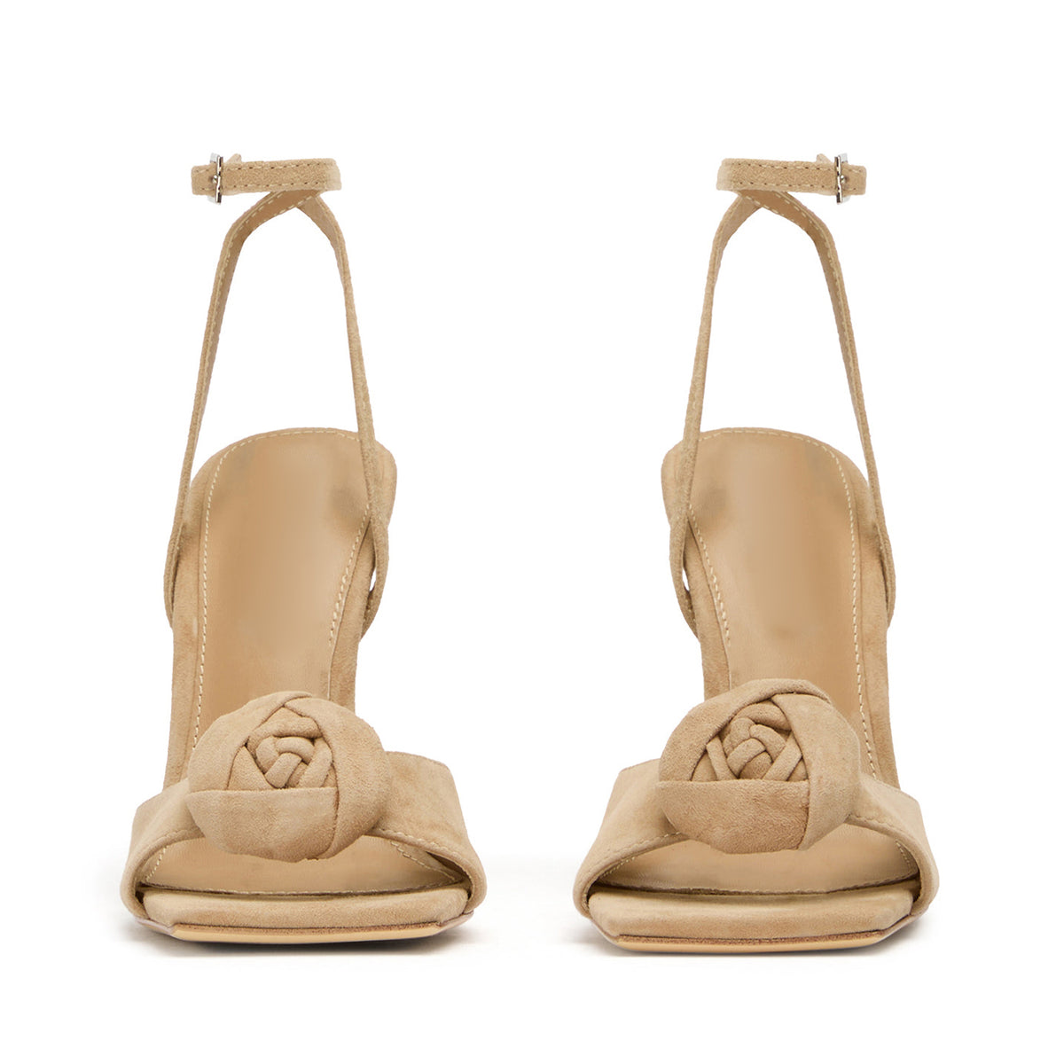 Wheat Faux Suede Square-Toe Front Rose Ankle Strap High Heels