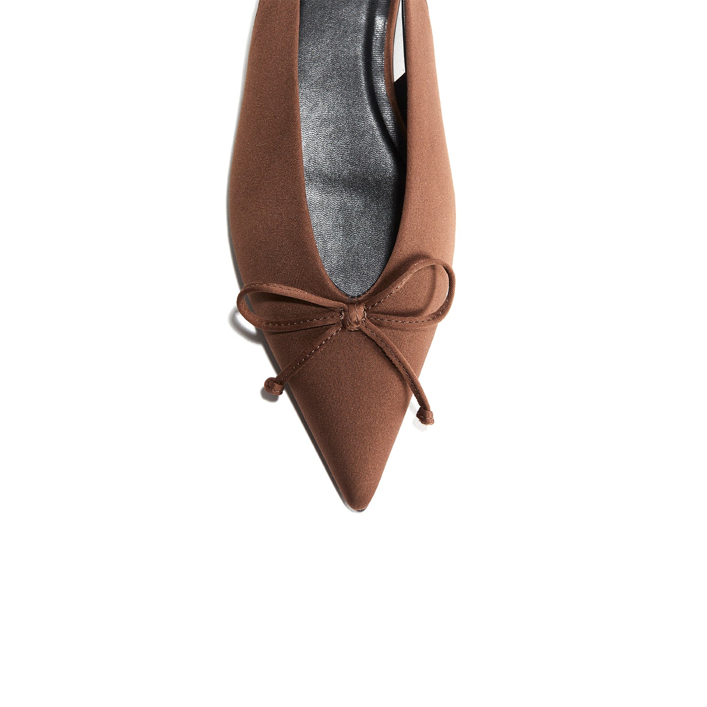 Brown Satin Pointed-Toe Front Bow Slingback Flats