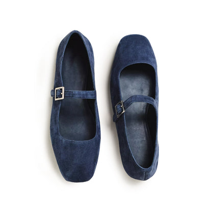 Blue Faux Suede Square-Toe Bridge Strap Mary Janes Flats