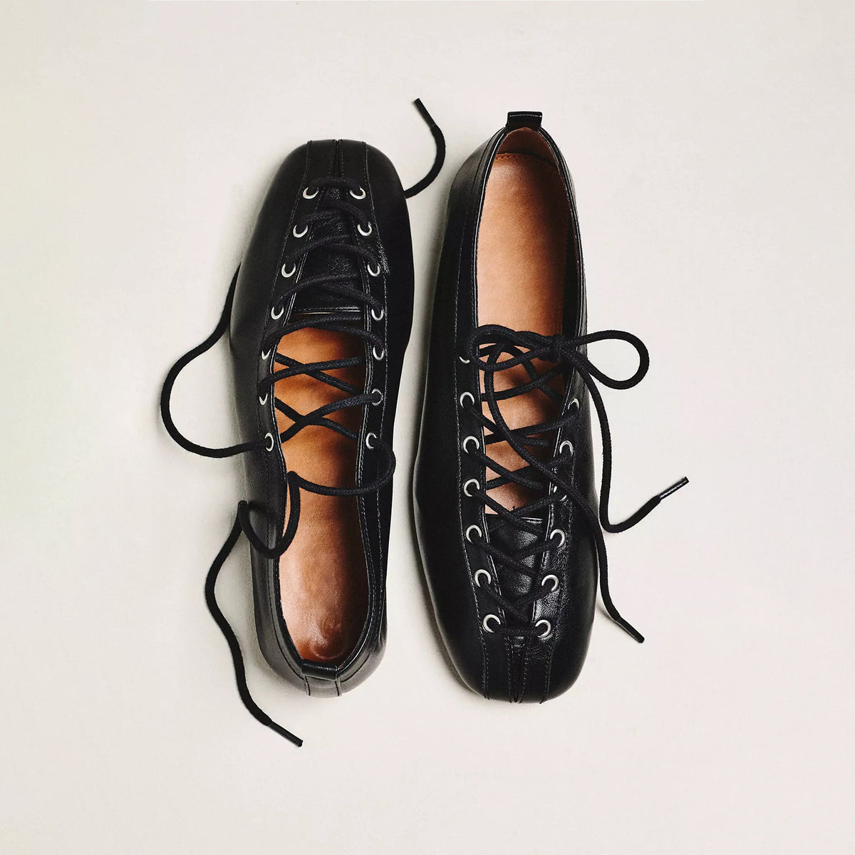 Black Lace-Up Ballet Flats – Square Toe Grommet Flats