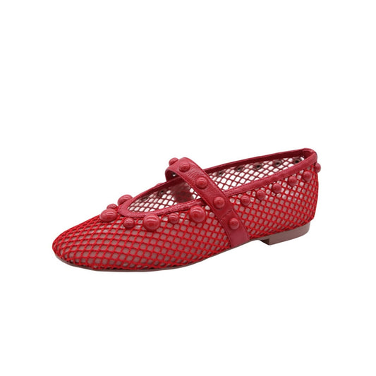 Red Mesh Square-Toe Studs And Mary Jane Ballet Flats