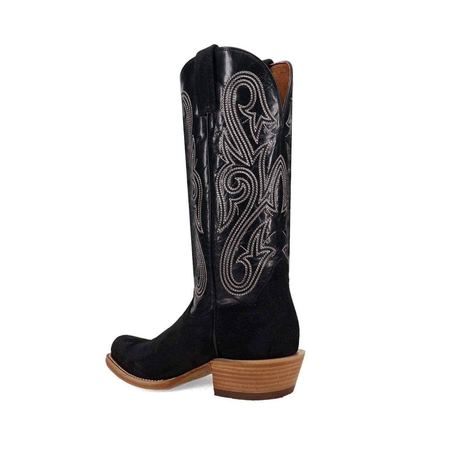 Black Contrast Vegan Leather And Faux Suede Square-Toe Embroidery Mid Calf Cowgirl Boots