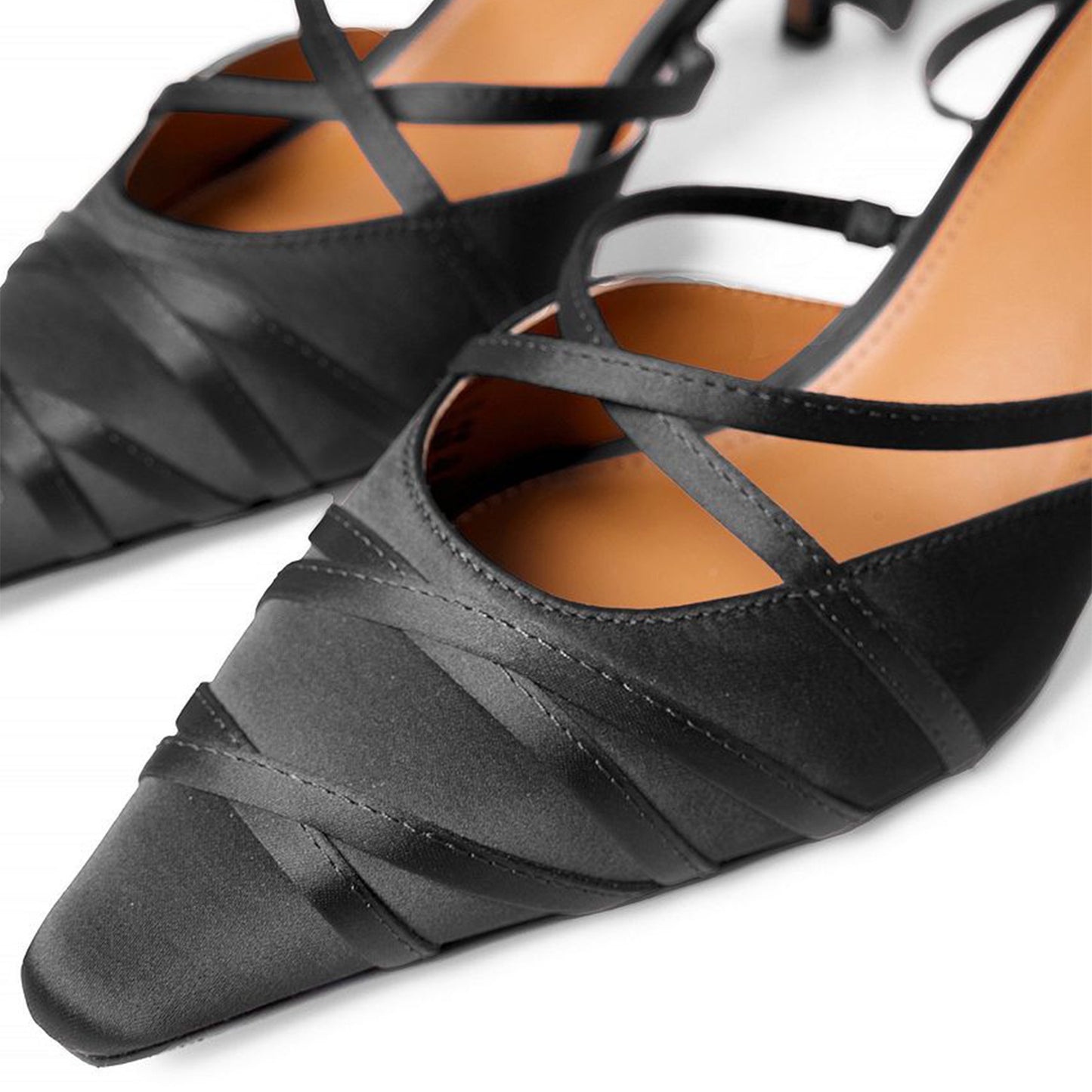 Black Satin Pointed-Toe Lace Up Detail Kitten Heels Pumps