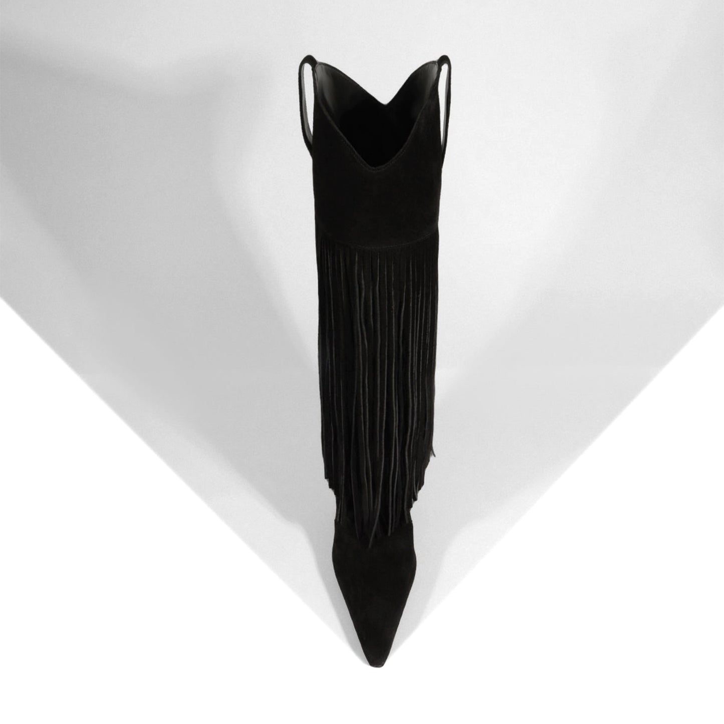 Black Faux Suede Pointed-Toe Shaft Fringe Mid Calf Stiletto Boots