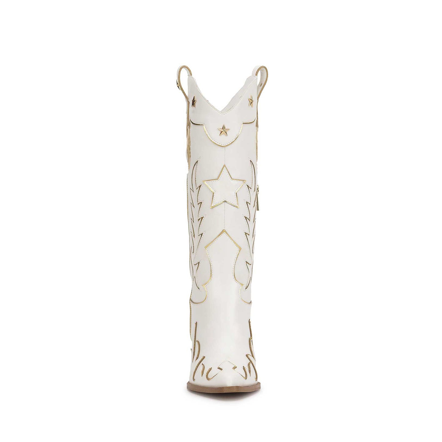 White Almond-Toe Horseshoe Inlay Star Studs And Applique Mid Calf Cowgirl Boots