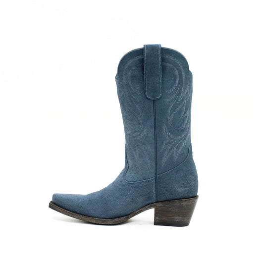 Blue Faux Suede Snip-Toe Western Embroidery Mid Calf Cowgirl Boots