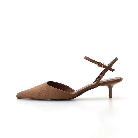 Brown Faux Suede Pointed-Toe Classic Ankle Strap Kitten Heels