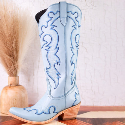 Pastel Blue Almond-Toe Embroidery Tall Wide Calf Knee High Cowgirl Boots