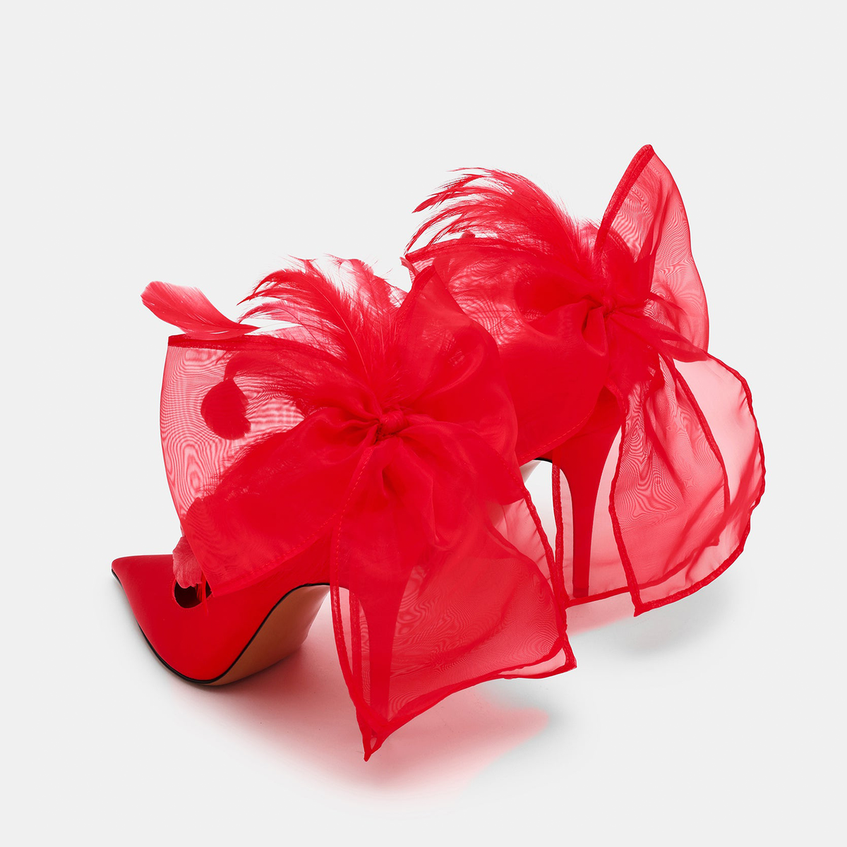 Red Satin Pointed-Toe Back Feather And Bow Slip-On High Heels