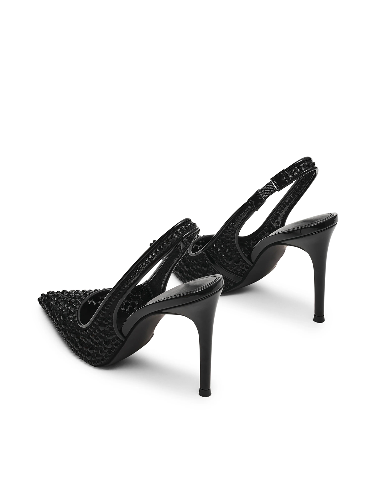 Black Mesh With Rhinestones Pointed-Toe Slingback High Heels Pumps