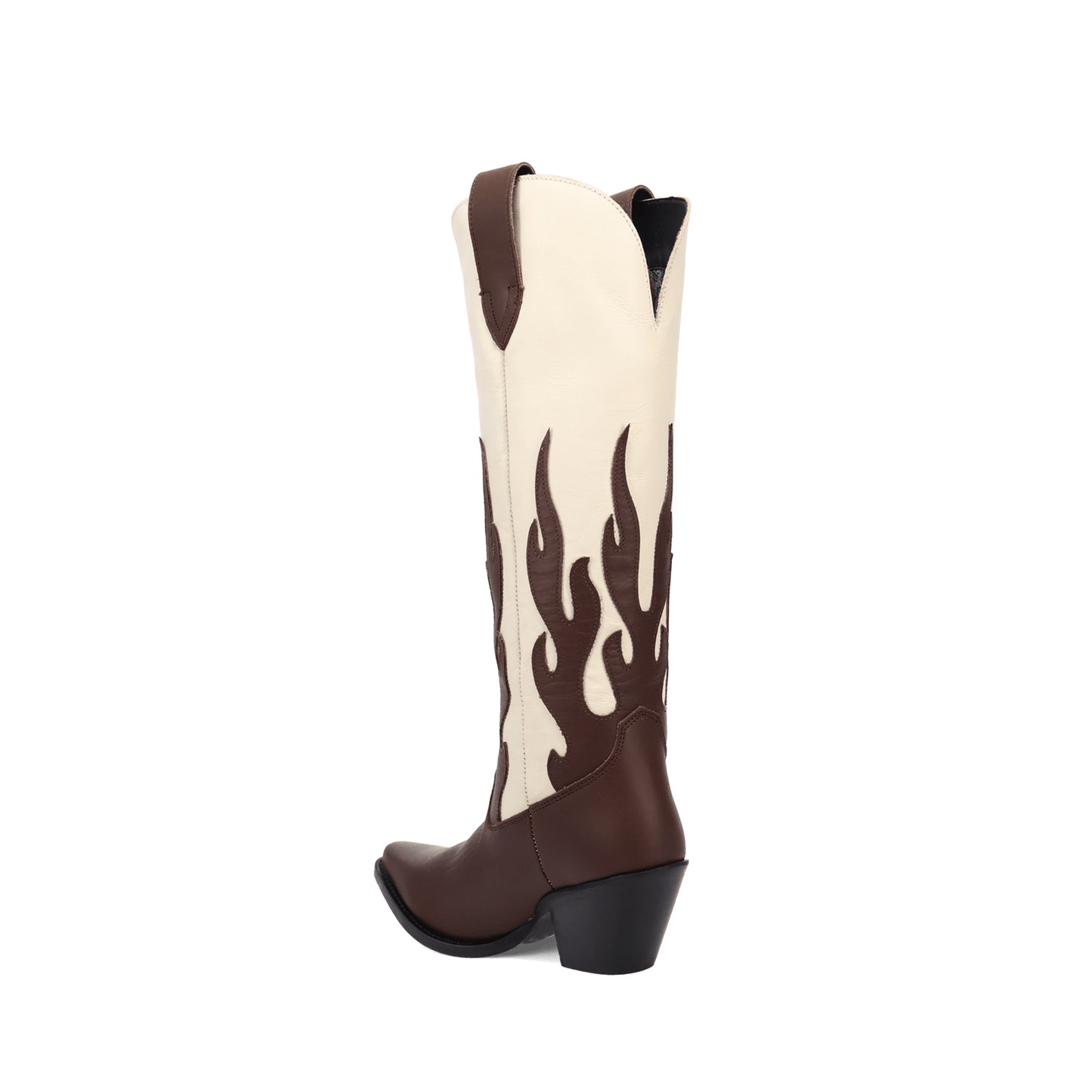 Contrast Brown And Ivory Pointed-Toe Flame Appliques Wide Calf Knee High Cowgirl Boots