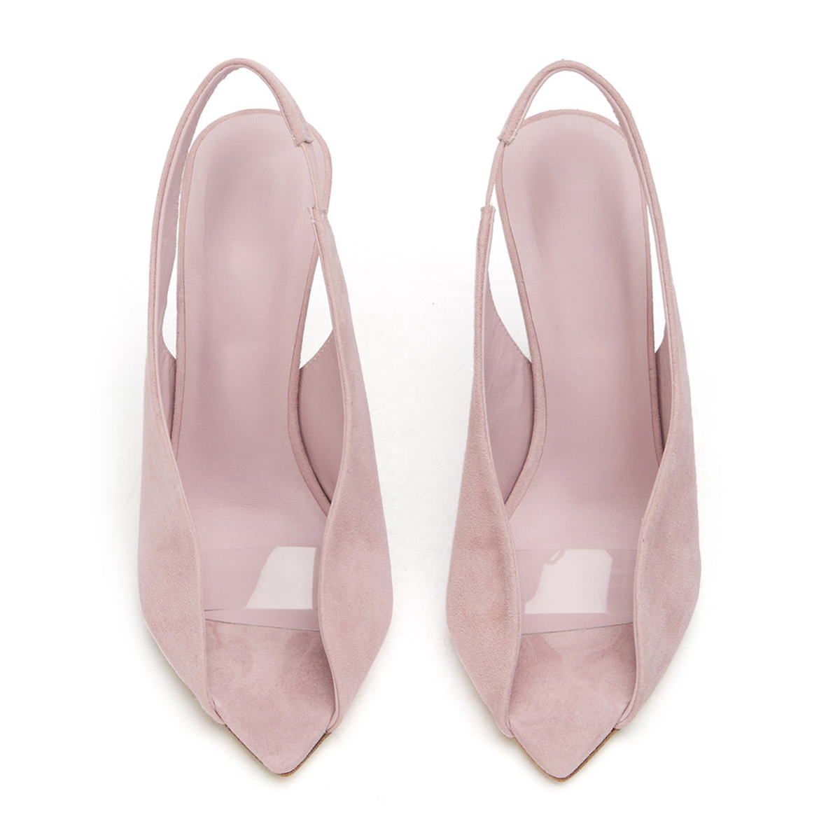 Pink Faux Suede Pointed-Toe Front Transparent TPU Film Slingback High Heels