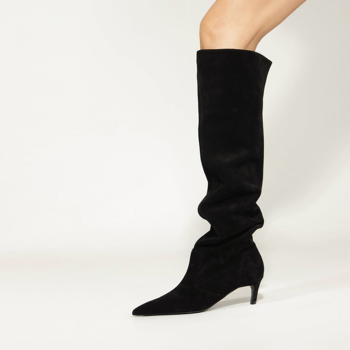 Black Faux Suede Chic Pointed-Toe Simple Wide Calf Knee High Stiletto Boots