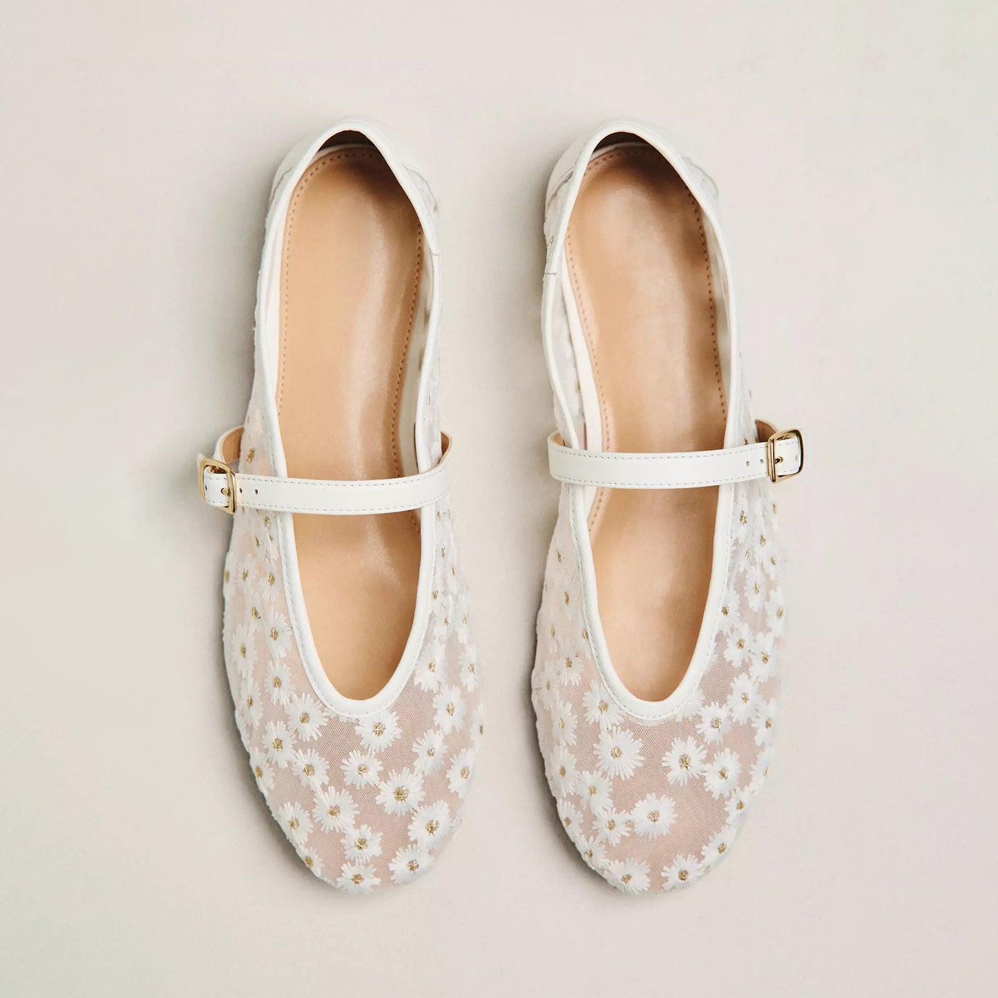 Cream Mesh Round-Toe Little Flowers Embroidery Mary Jane Ballet Flats