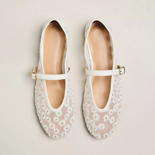 Cream Mesh Round-Toe Little Flowers Embroidery Mary Jane Ballet Flats