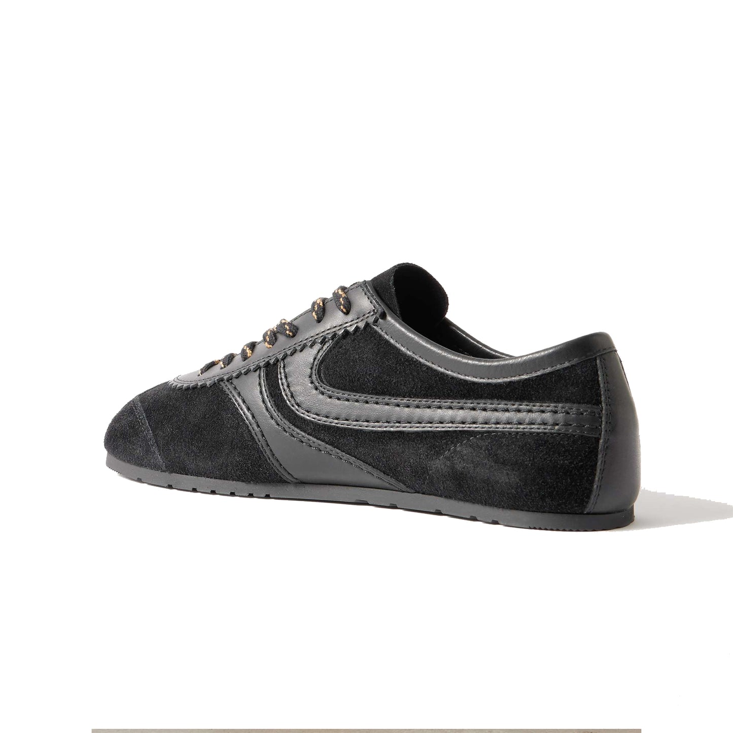 All Black Contrast Faux Suede And Vegan Leather Square-Toe Lace-Up Sneakers Flats