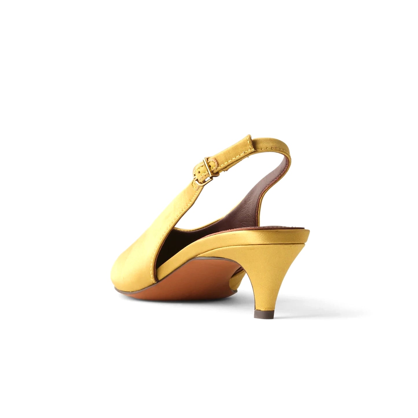 Olive Yellow Satin Pointed-Toe Slingback Slip-On Kitten Heels