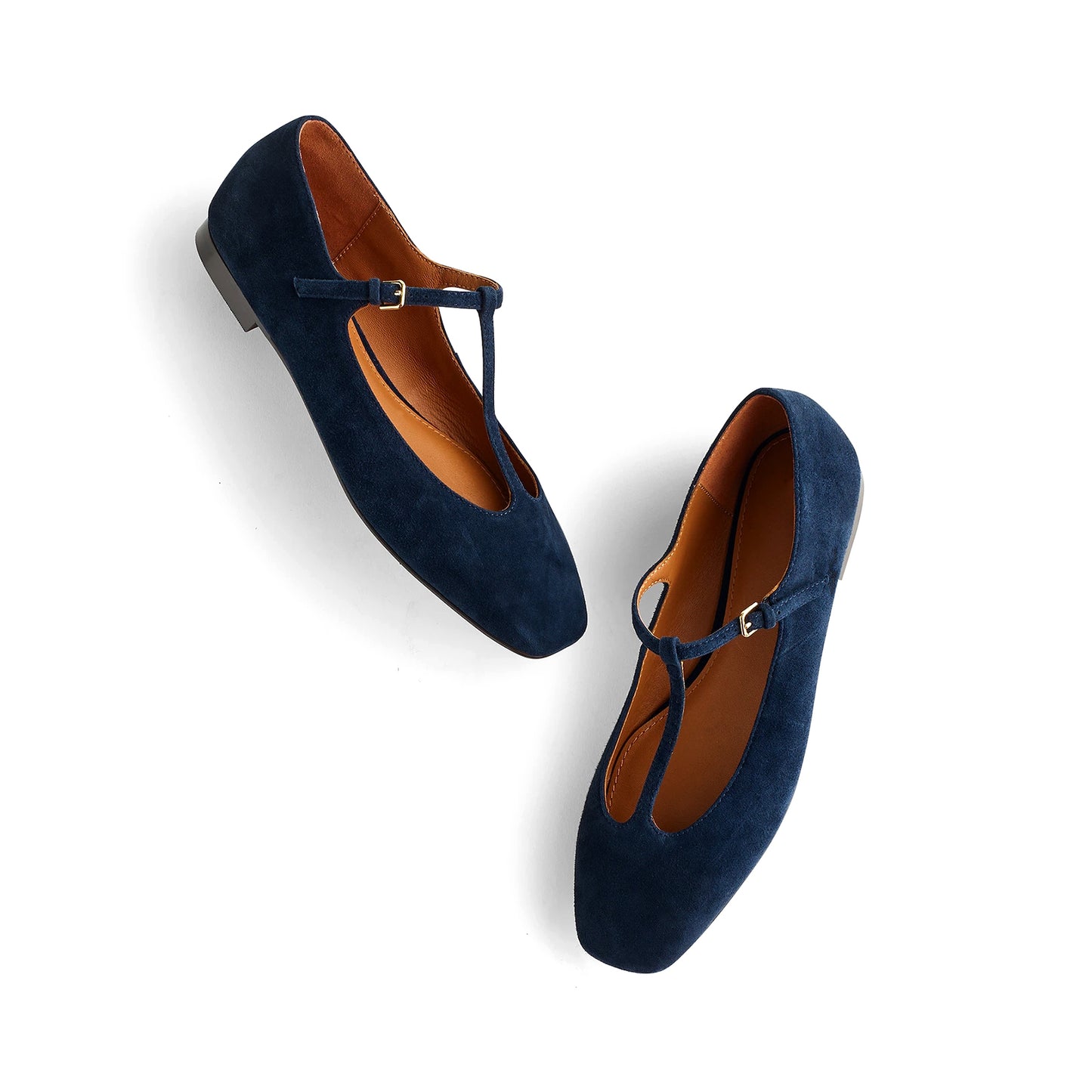 Indigo Faux Suede Square-Toe Buckled T-Strap Ballet Flats