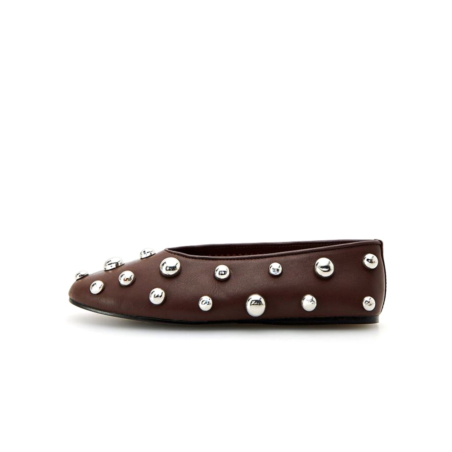 Dark Brown Vegan Leather Round-Toe Studded Slip-On Flats