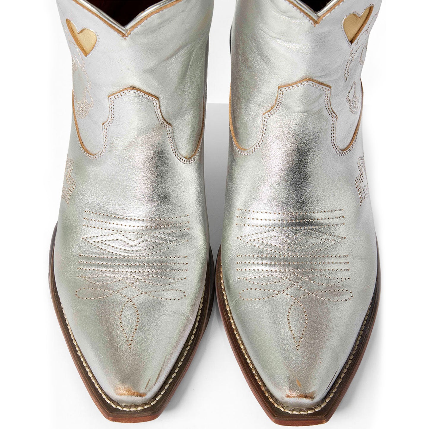 Metallic Silver Snip-Toe Embroidery Metallic Gold Heart Inlay Ankle Cowgirl Boots