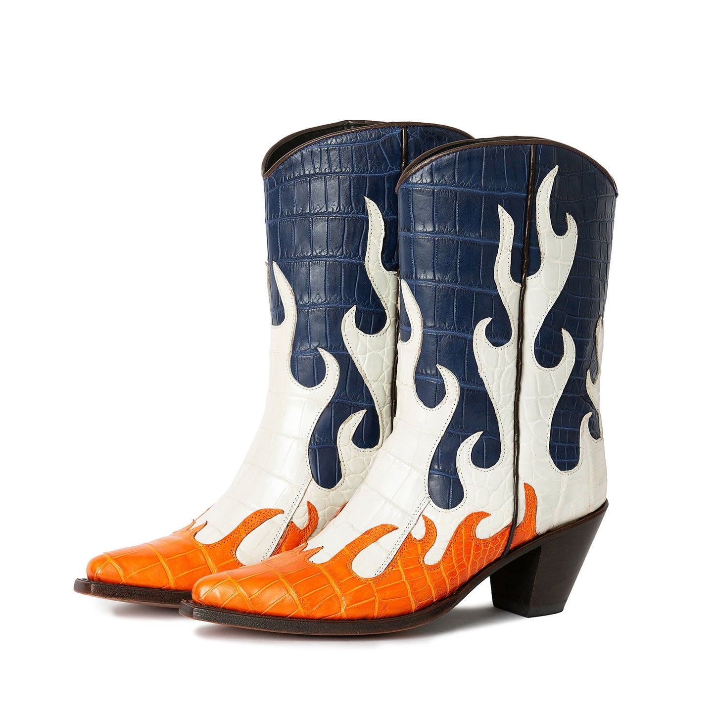 Contrast Colors Crocodile Print Pointed-Toe Flame Applique Ankle Cowgirl Boots