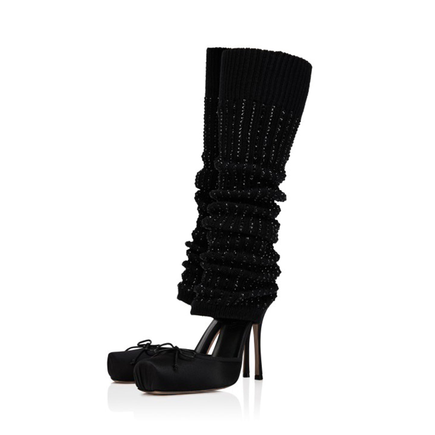 Black Satin Square-Toe Woolen Shaft With Rhinestone Knee High Stiletto Boots