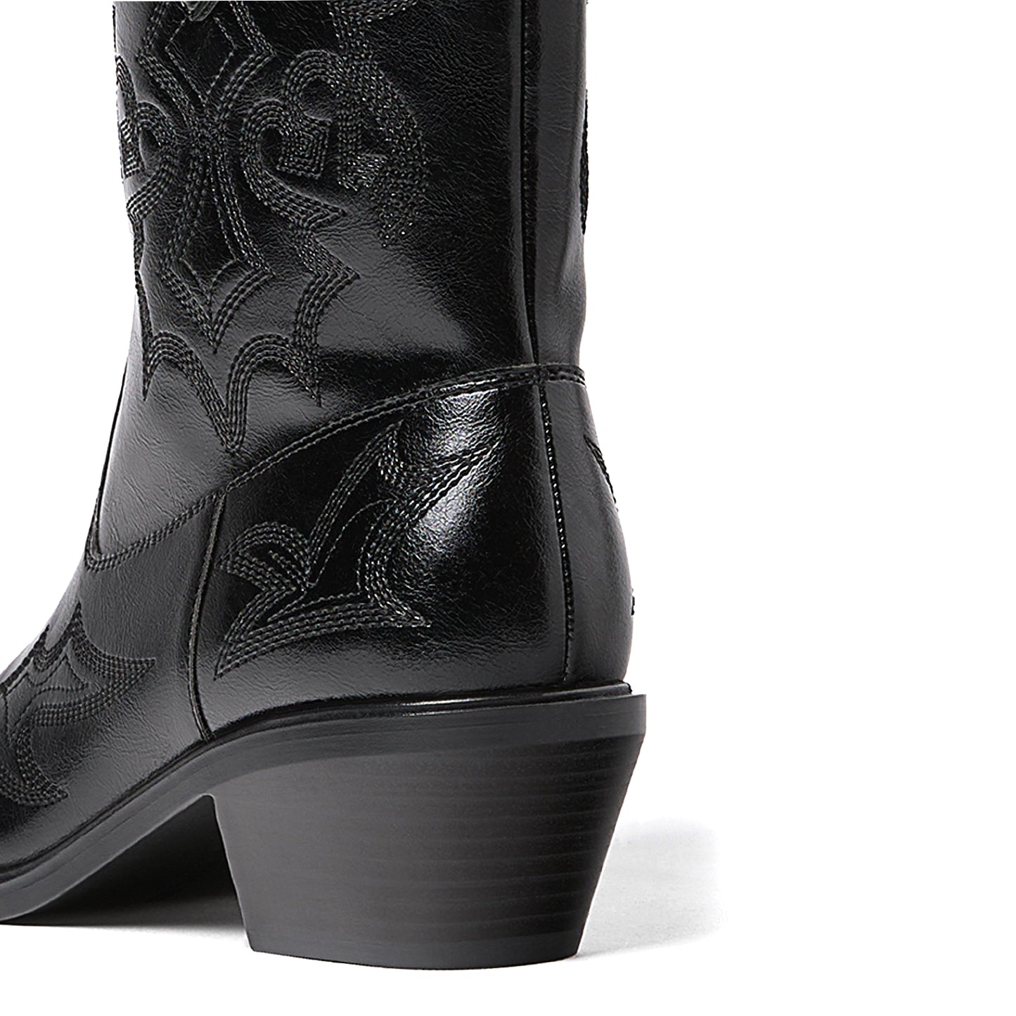 Black Almond-Toe Embroidery Detail Full-Zip Ankle Cowgirl Boots