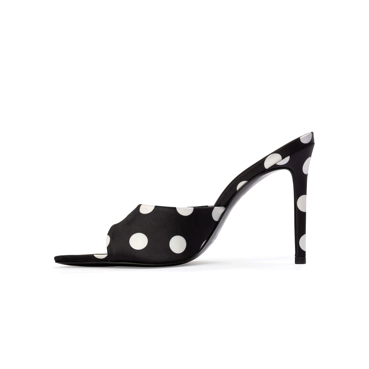 Black Satin Polka Dot Open Pointed-Toe Backless High Heels