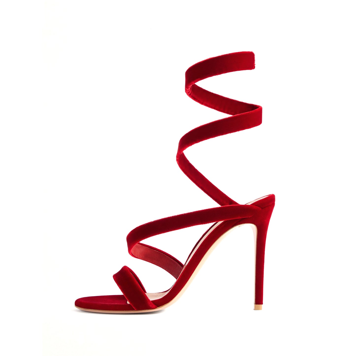 Red Velvet Round-Toe Spiral Ankle Straps Sandals High Heels