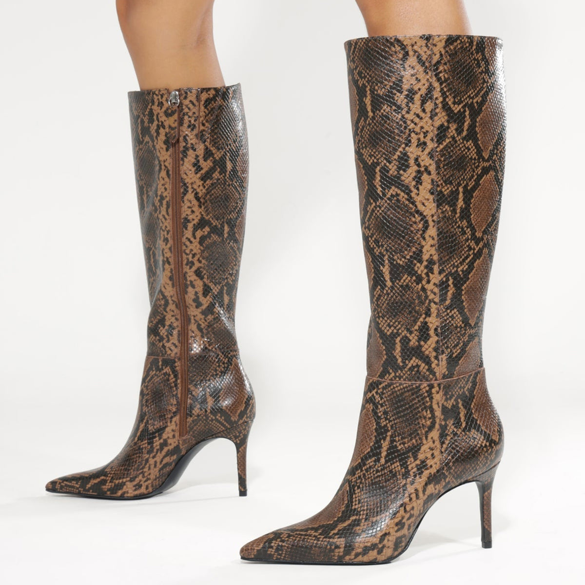 Chic Pointed-Toe Simple Full-Zip Sleek Knee High Stiletto Boots - Snakeskin Pattern