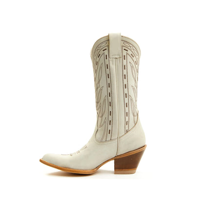 Ivory Pointed-Toe Western Embroidery Mid Calf Cowgirl Boots