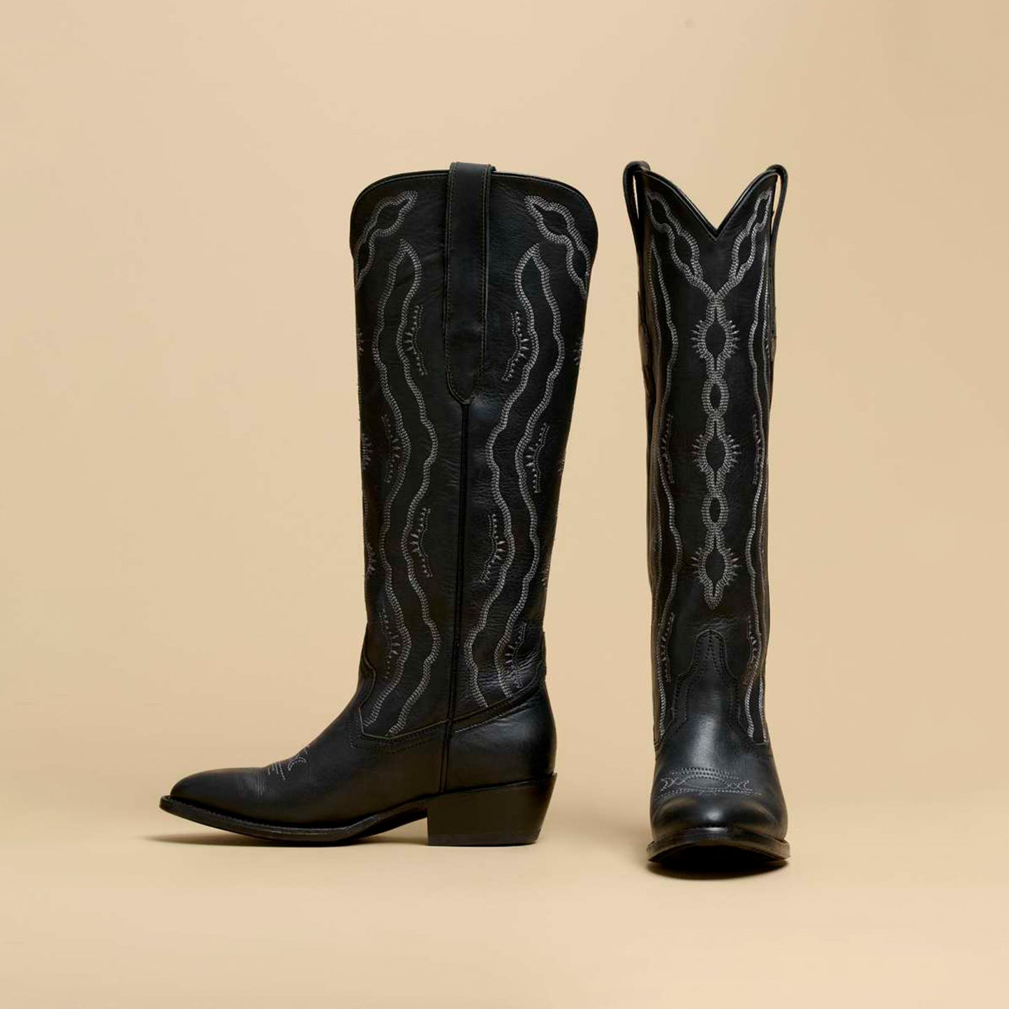 Black Round-Toe Classic Embroidery Wide Calf Knee High Tall Cowgirl Boots