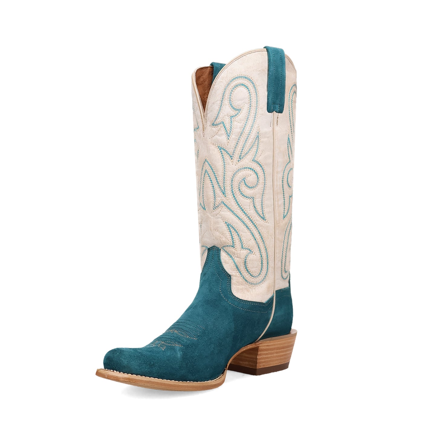 Contrast Ivory Vegan Leather And Turquoise Faux Suede Square-Toe Embroidery Mid Calf Cowgirl Boots