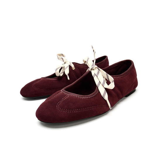 Burgundy Faux Suede Round-Toe Stitch Lace-Up Closure Ballet Flats